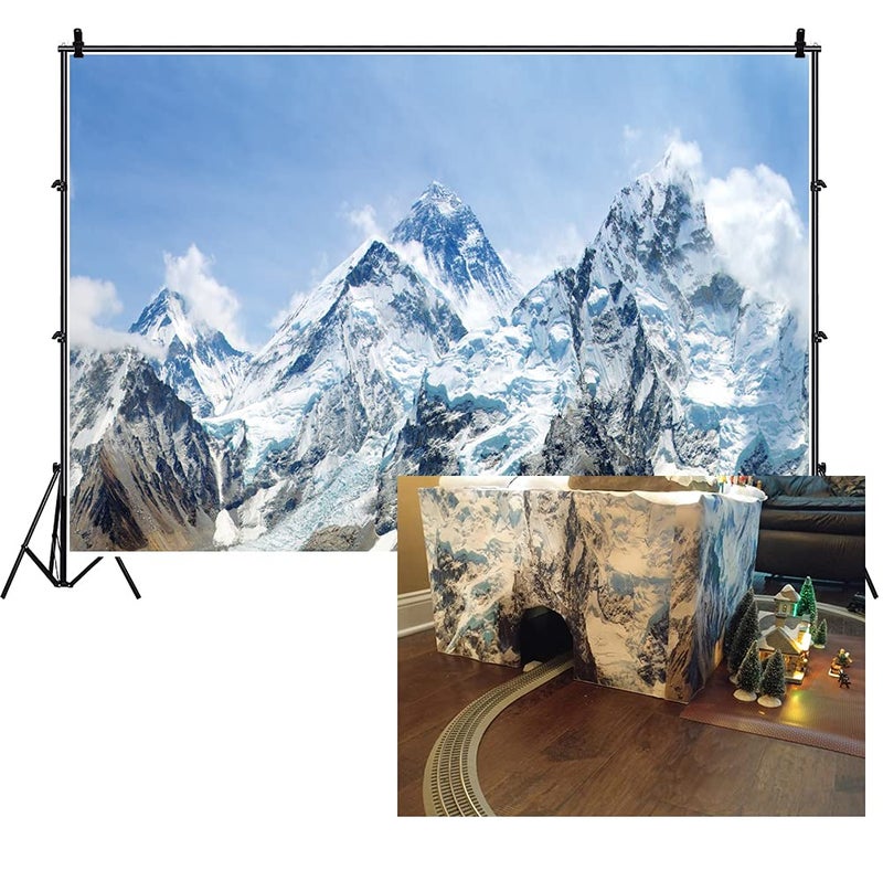 DORCEV 10x7ft Snow Mountain Scenery Backdrop - Cold Winter Snowy Mountain Outdoor Adventure Blue Sky Alpine Snow High Hill Peak Ski Nature Landscape Travel Photo Studio Props - Image 1